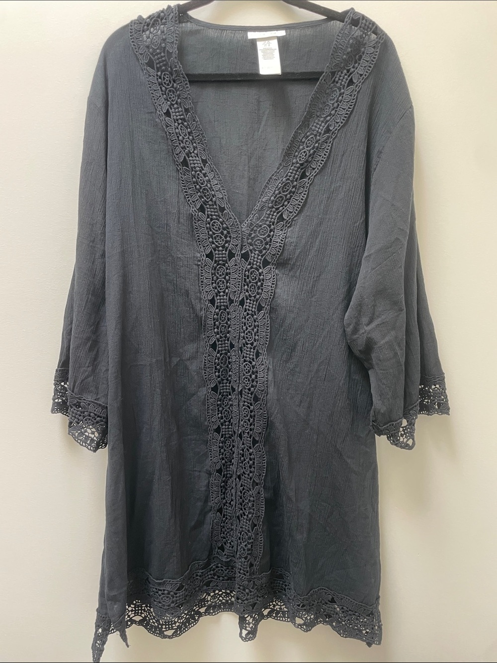 La Blanca Island Fare Cotton Crochet-Trim Tunic 100% Cotton Black 3X